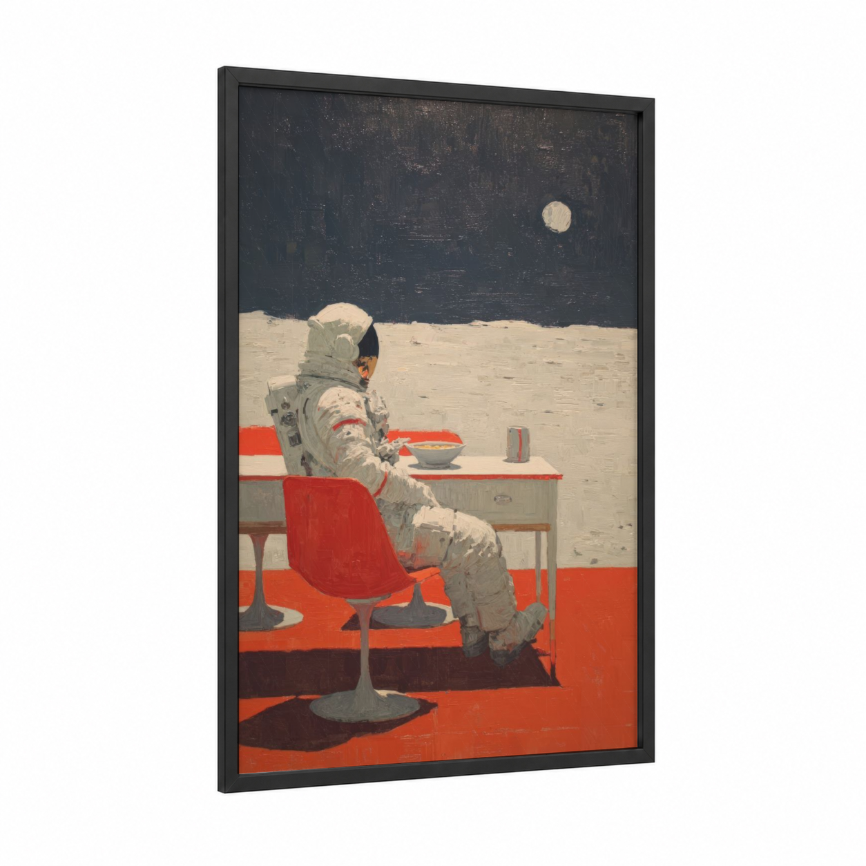 Lunar Solitude framed astronaut print — black wood frame — red and black palette