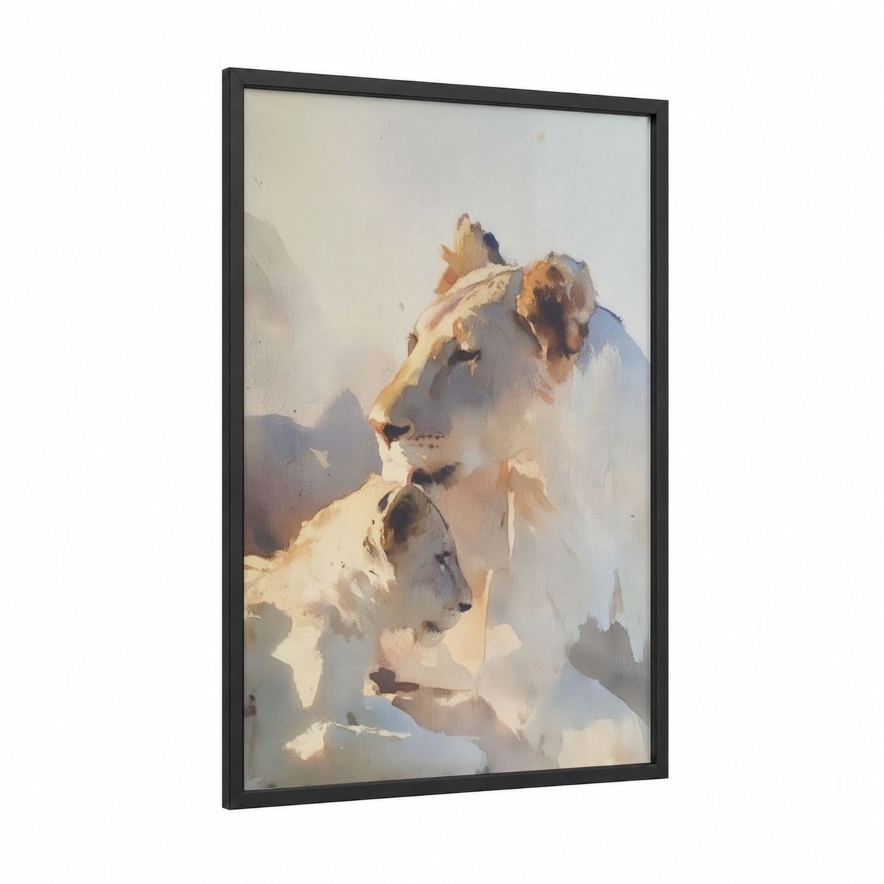 Golden Lion Pair framed art print — black wood frame — gold and cream palette