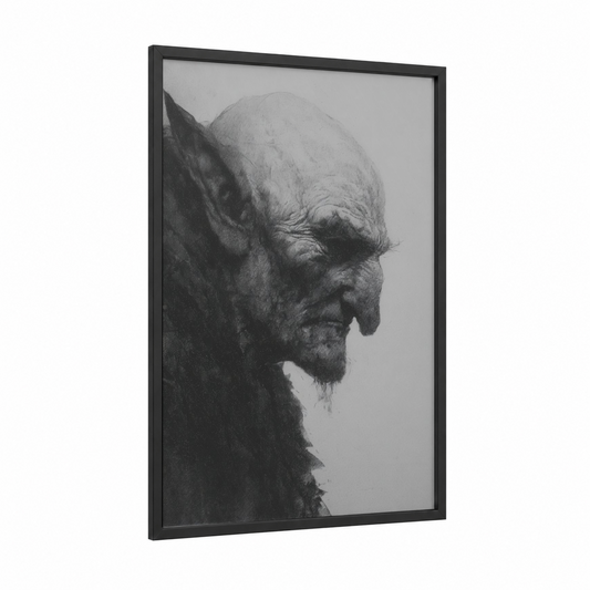 Shadowed Orc framed art print — black wood frame — black and white and gray palette