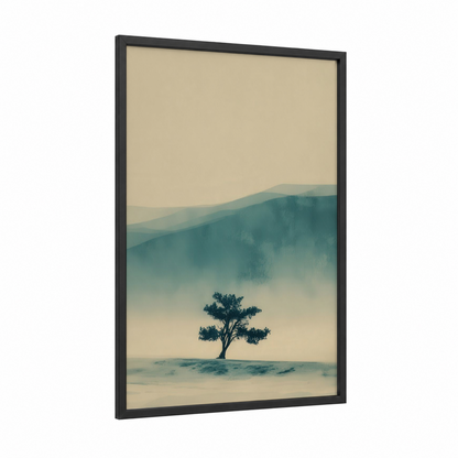 Misty Juniper framed juniper tree print — black wood frame — teal and cream palette