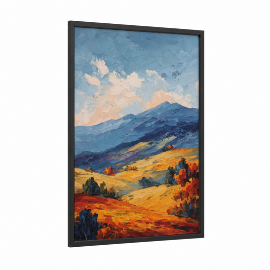 Golden Autumn Sierra framed sierra nevada print — black wood frame — gold and blue palette