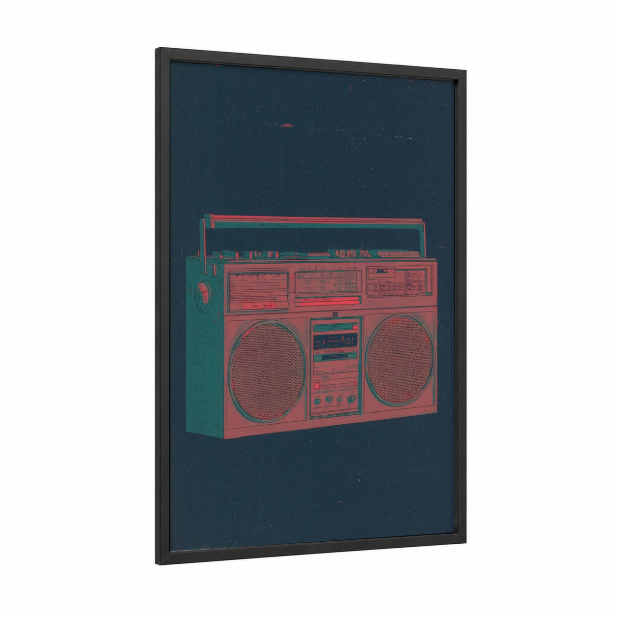 Coral Boombox framed art print — black wood frame — red and teal palette
