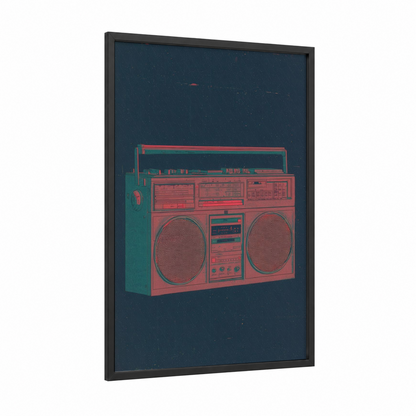 Coral Boombox framed art print — black wood frame — red and teal palette