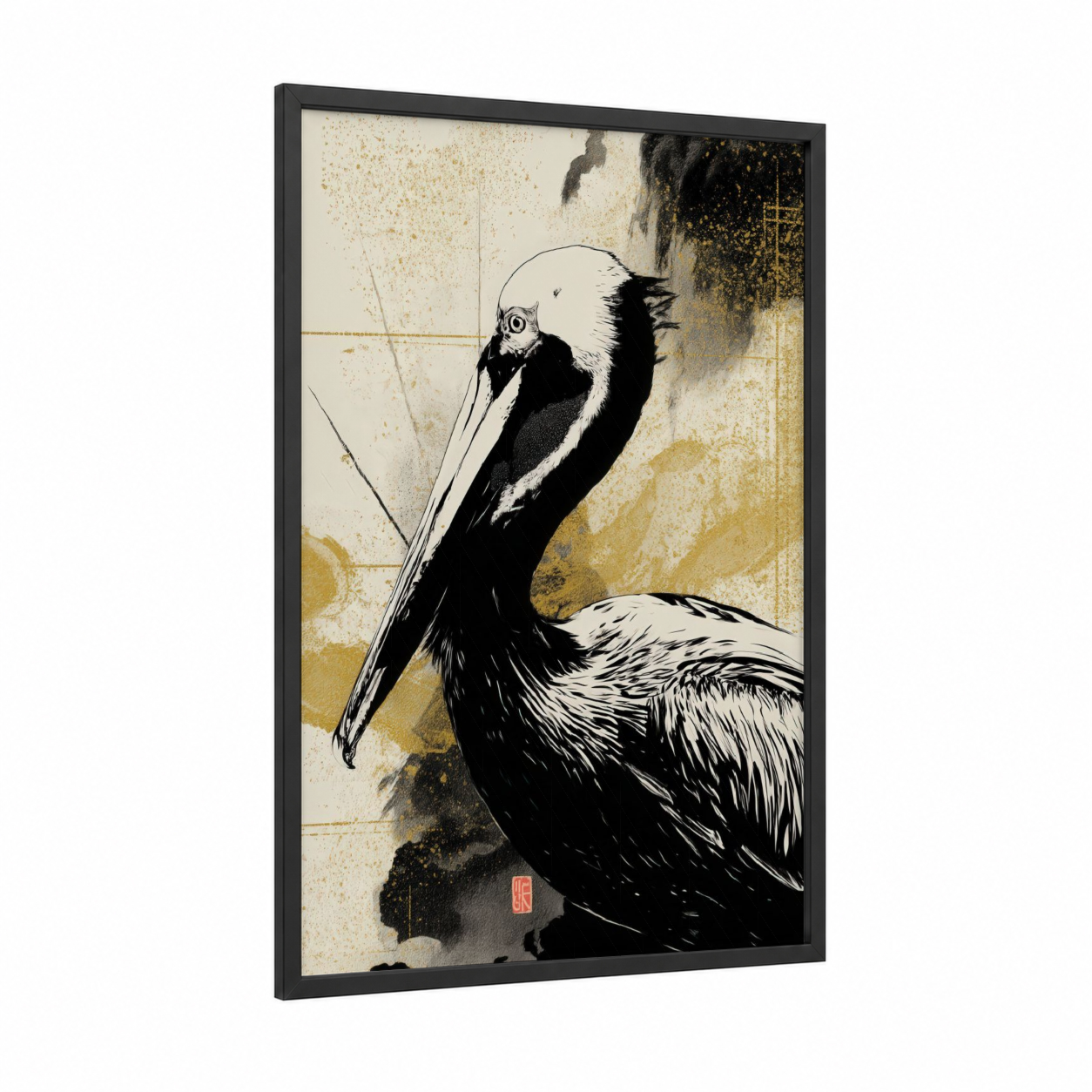 Contemplative Pelican framed art print — black wood frame — black and gold and cream palette