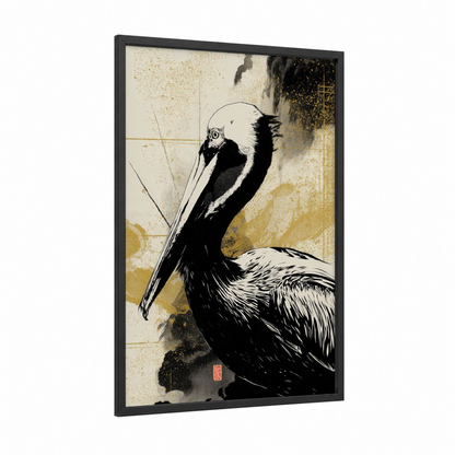 Contemplative Pelican framed art print — black wood frame — black and gold and cream palette