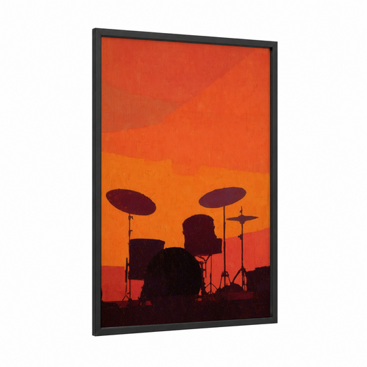 Sunset Drummer framed drums print — black wood frame — orange and red palette