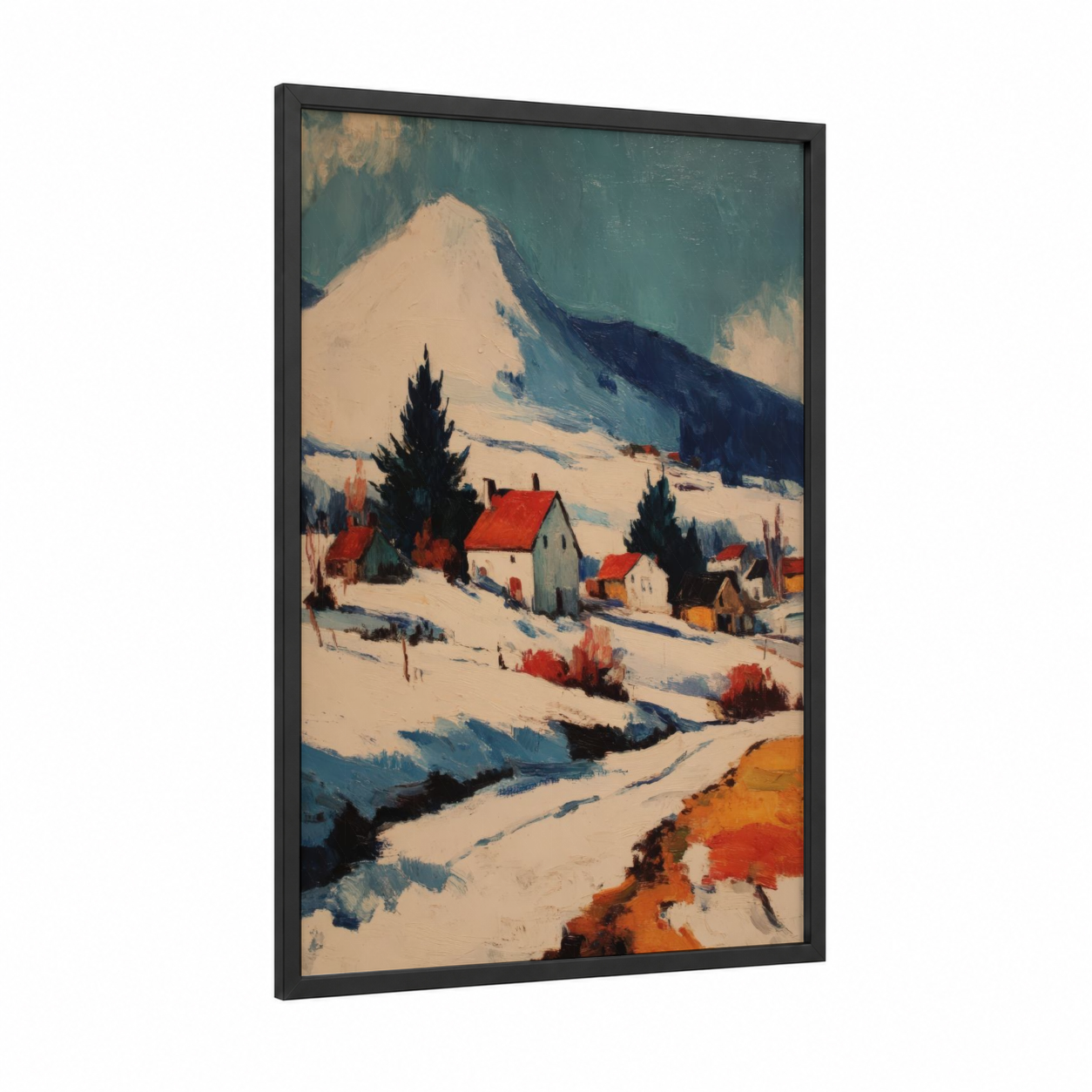 Alpine Village Winter framed snowy mountains print — black wood frame — blue and orange palette