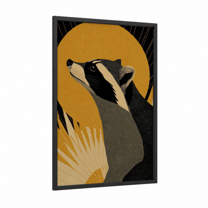 Golden Raccoon framed art print — black wood frame — gold and black and white palette