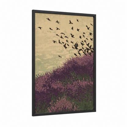 Lavender Flight framed lavender field print — black wood frame — lavender and sage green palette