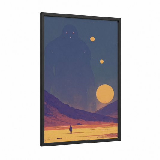 Cosmic Wanderer framed extraterrestrial print — black wood frame — gold and dark blue palette