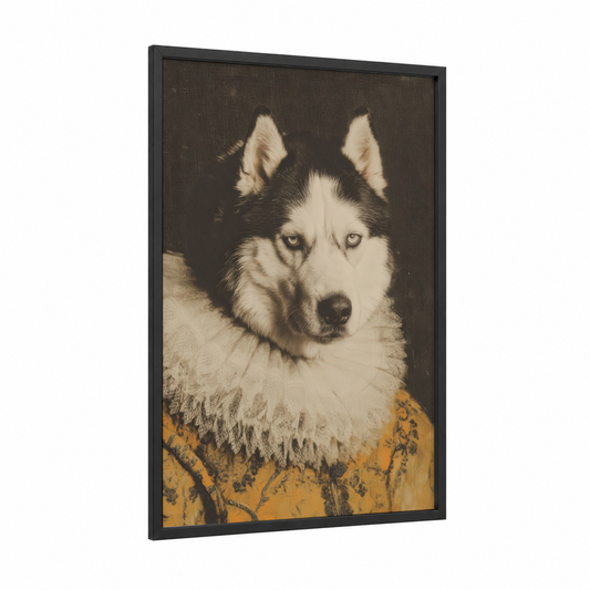 Regal Husky Portrait framed art print — black wood frame — black and white and gold palette