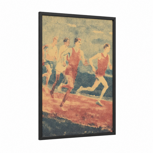 Vintage Track Athletes framed track and field print — black wood frame — gold palette