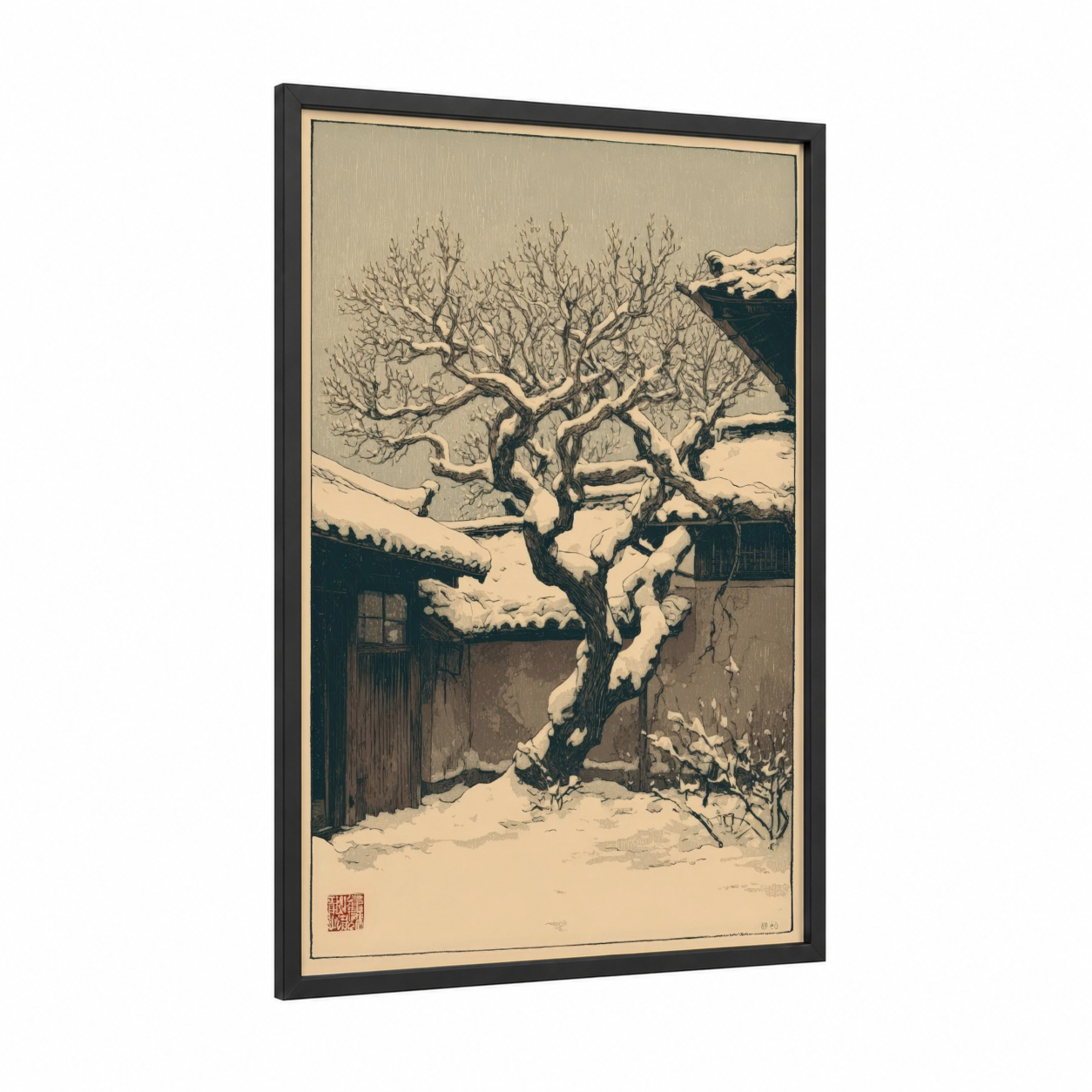Snowy Linden framed linden tree print — black wood frame — cream and black palette