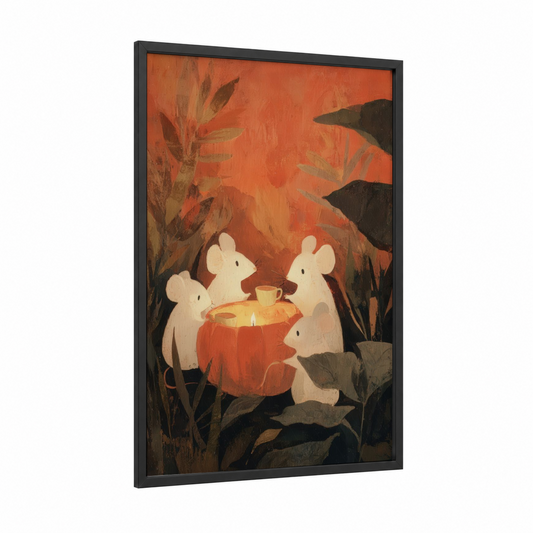 Cozy Mice Gathering framed art print — black wood frame — orange and black palette