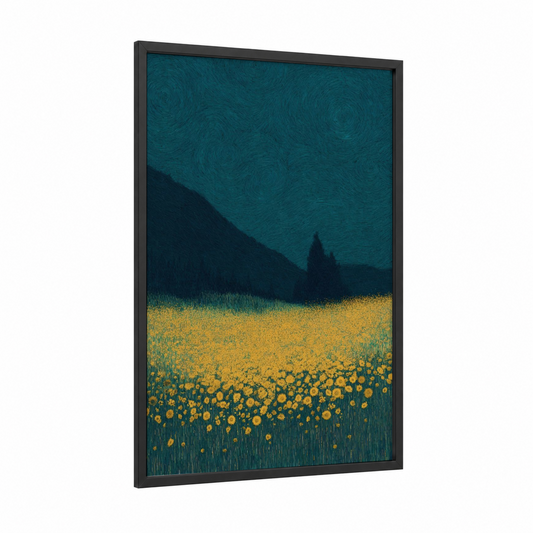 Starlit Meadow framed dreamscape print — black wood frame — teal and yellow gold palette