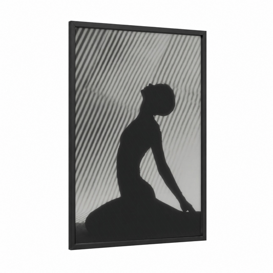 Backbend Silhouette framed modern dance print — black wood frame — black and gray palette