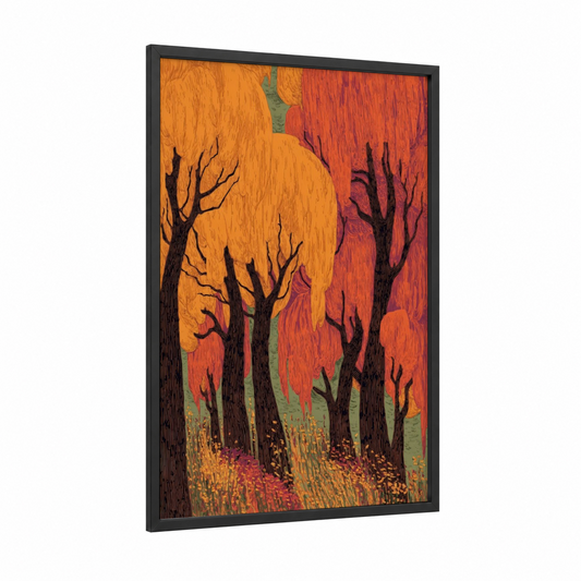 Autumn Willow Forest framed art print — black wood frame — orange and red palette