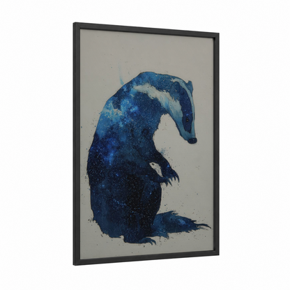 Cosmic Badger framed art print — black wood frame — dark blue and white palette