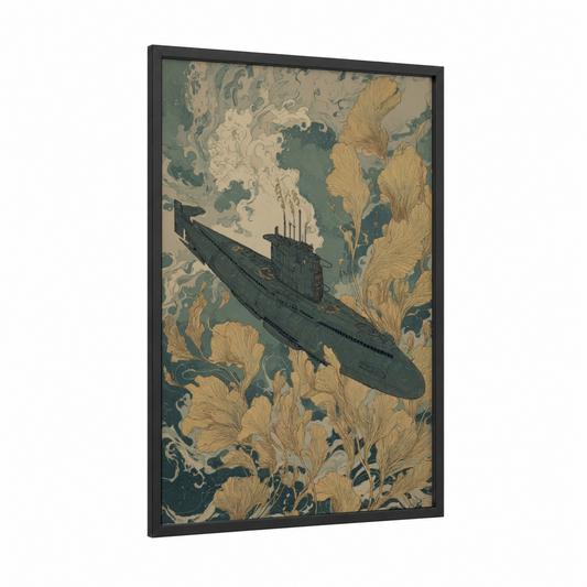 Stealth Submarine framed art print — black wood frame — teal and gold palette