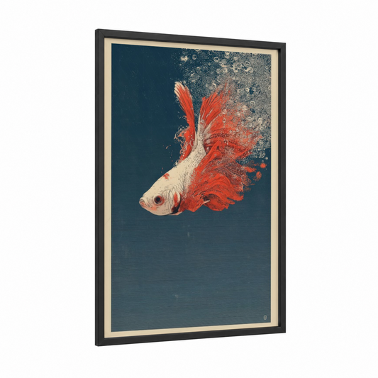 Crimson Fighting Fish framed art print — black wood frame — dark blue and red palette