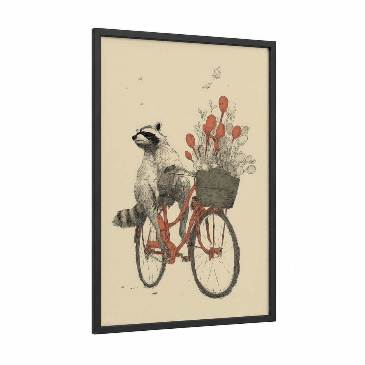 Cycling Raccoon framed art print — black wood frame — cream and russet palette