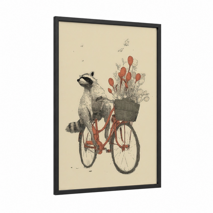 Cycling Raccoon framed art print — black wood frame — cream and russet palette