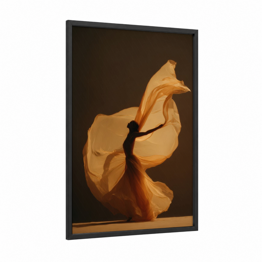 Golden Flow framed belly dance print — black wood frame — gold and brown palette
