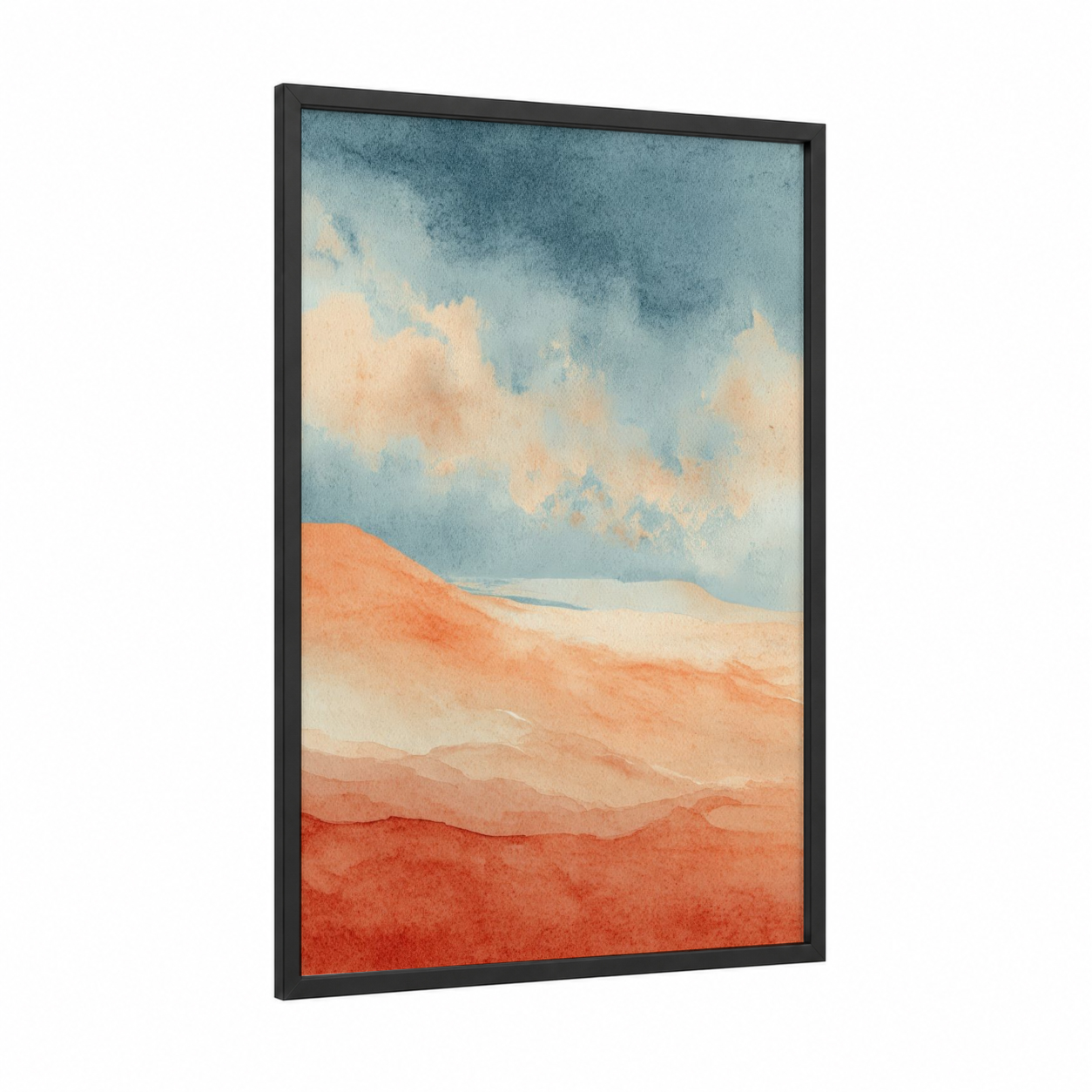 Desert Horizon framed dune print — black wood frame — blue and orange palette