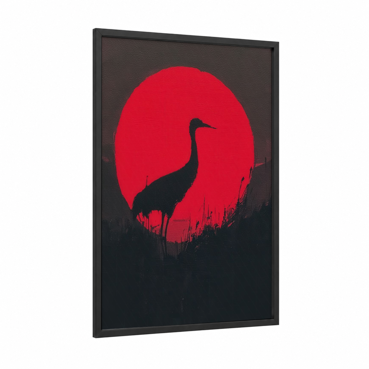 Crimson Sunset Crane framed art print — black wood frame — red and black palette