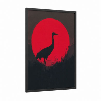 Crimson Sunset Crane framed art print — black wood frame — red and black palette