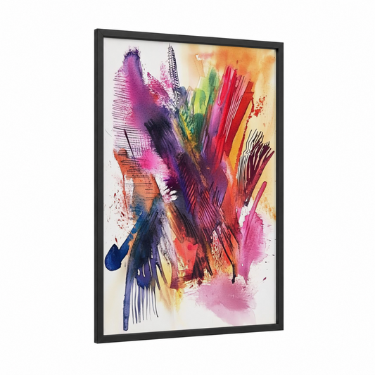 Expressive Brushstroke Fusion framed abstract expressionism print — black wood frame — magenta and blue and gold palette