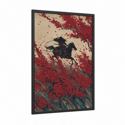 Crimson Warrior framed horseback print — black wood frame — red and black and white palette