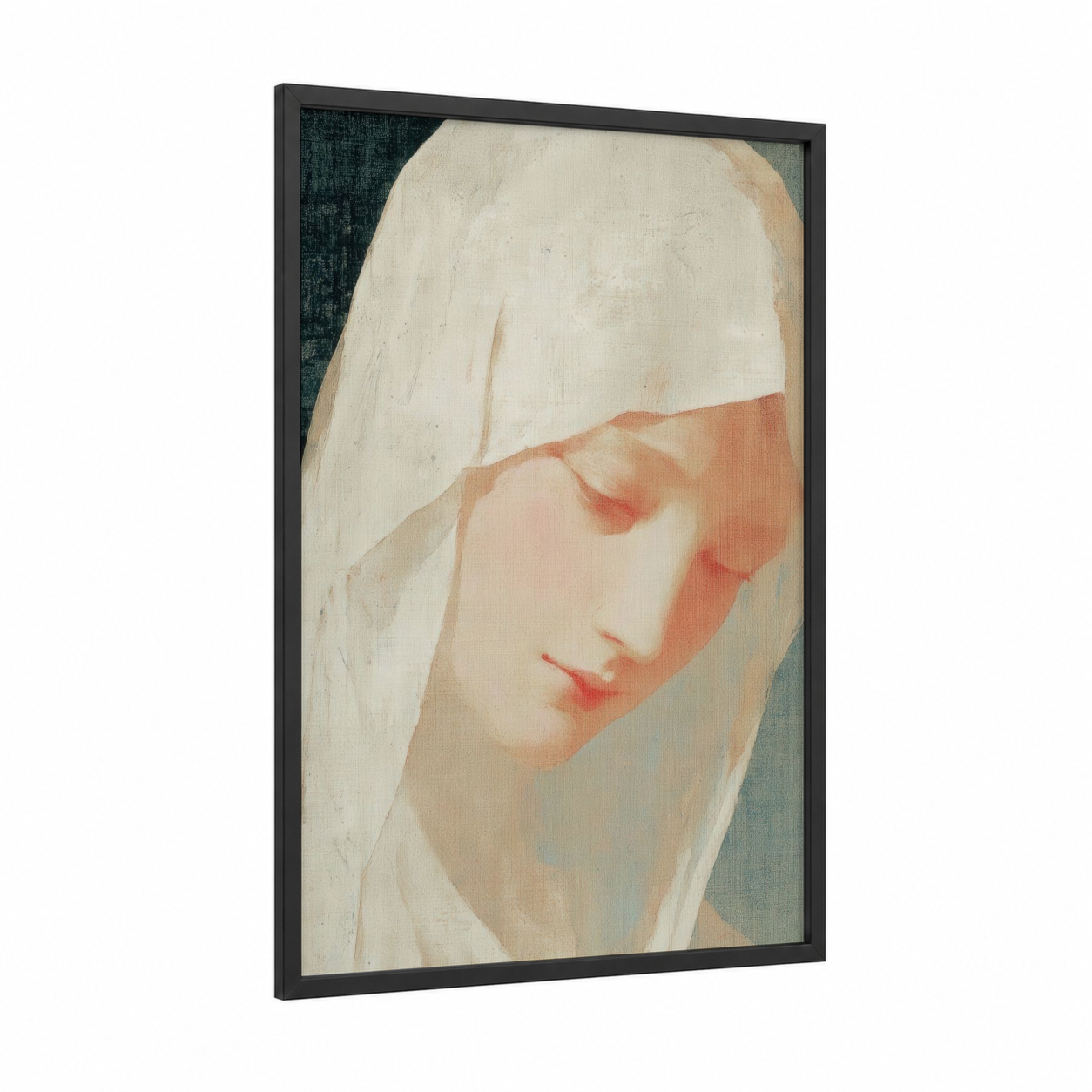 Serene Virgin Mary framed art print — black wood frame — cream and dove gray palette