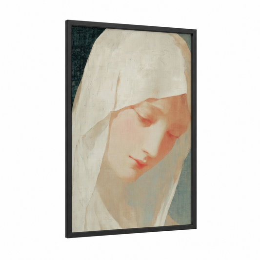 Serene Virgin Mary framed art print — black wood frame — cream and dove gray palette