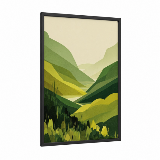 Verdant Valley framed green field print — black wood frame — light green and true green palette