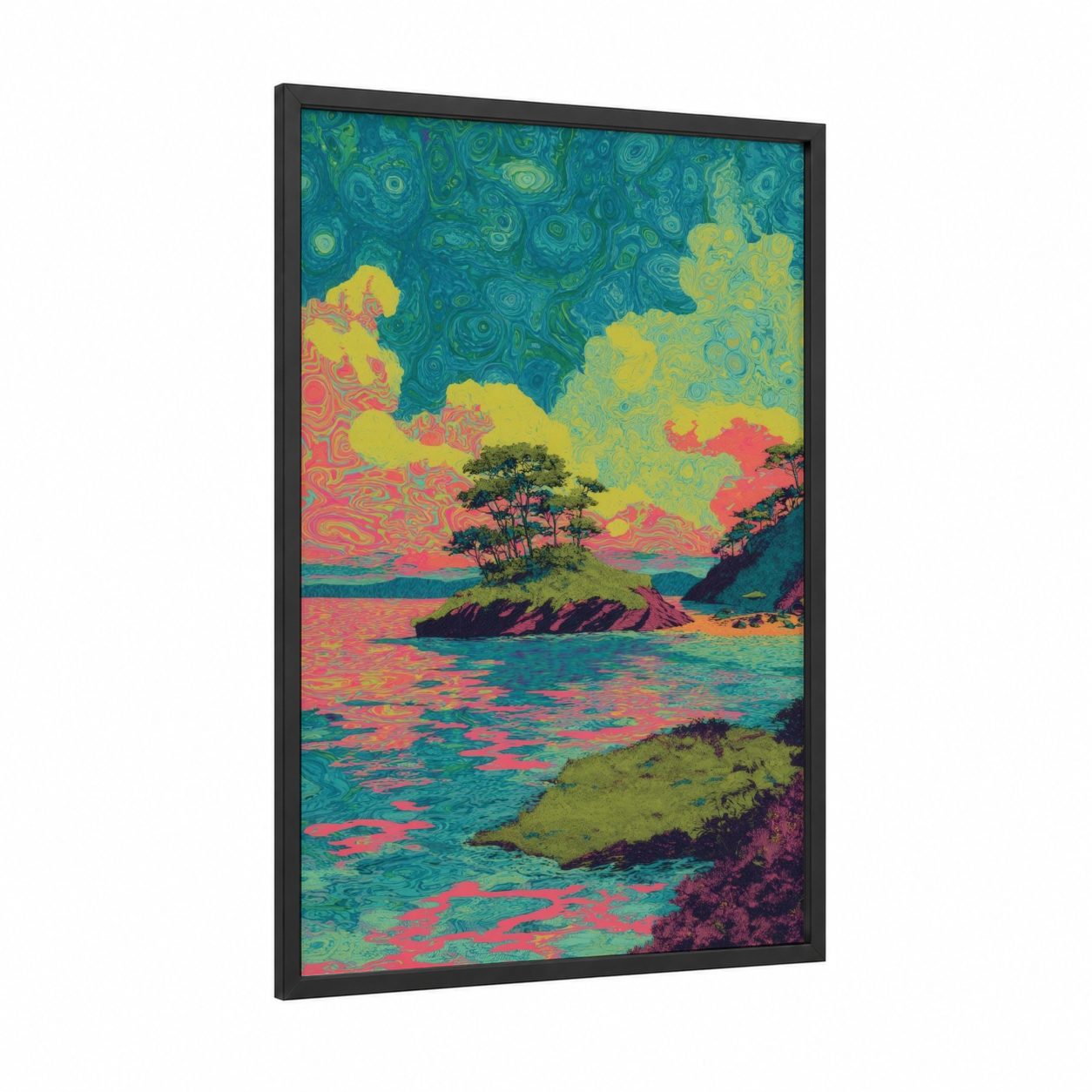 Tropical Island Paradise framed art print — black wood frame — teal and yellow palette