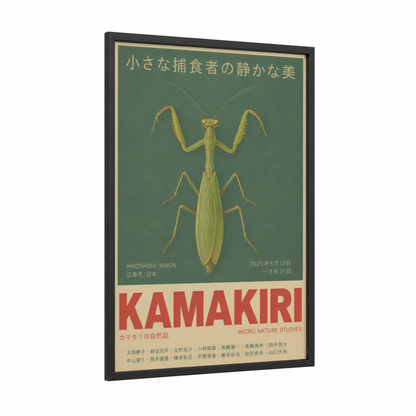 Praying Mantis Japanese Minimalist Wall Art framed prayin mantis print — black wood frame — sage green and beige palette
