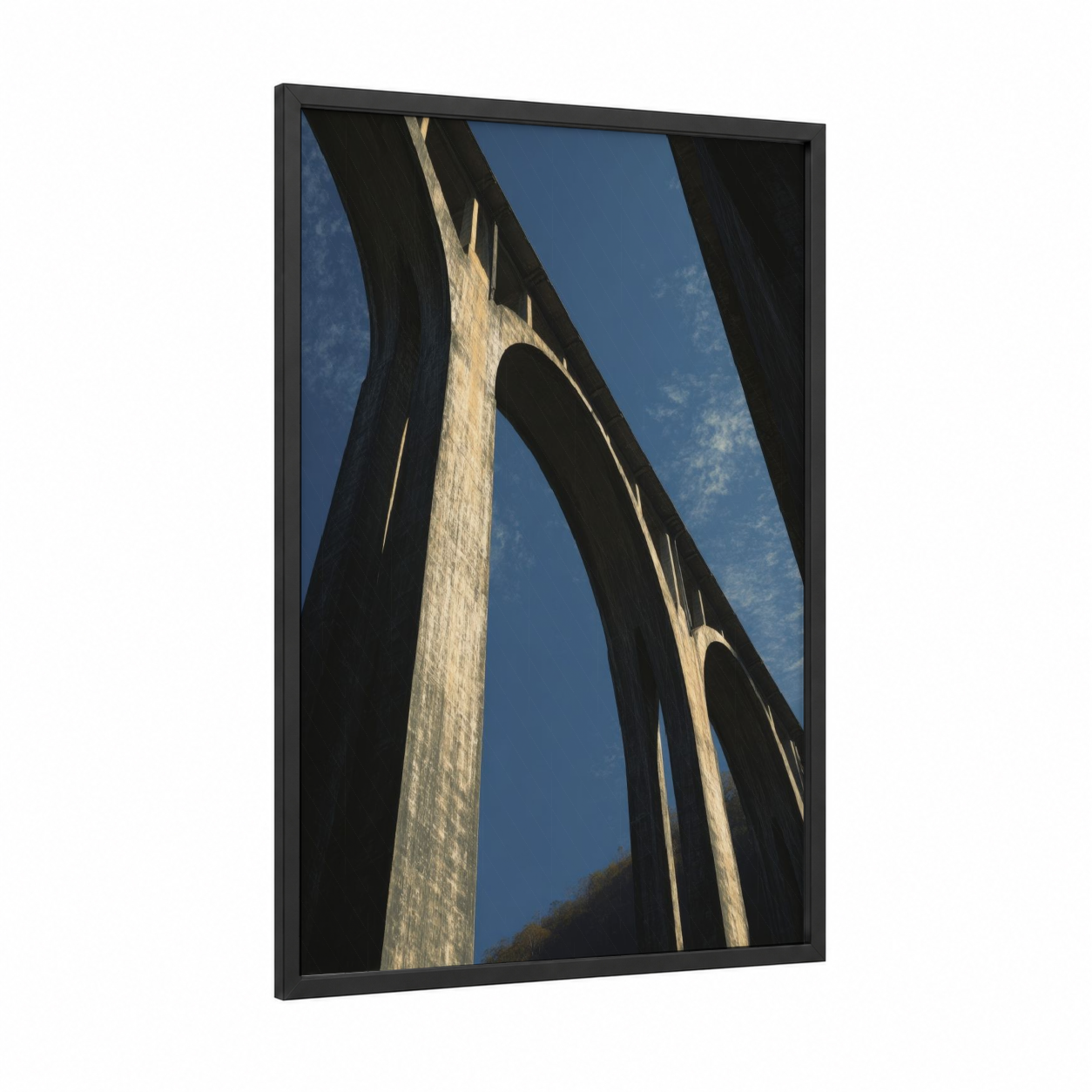 Architectural Viaduct framed bridges print — black wood frame — blue and gray palette