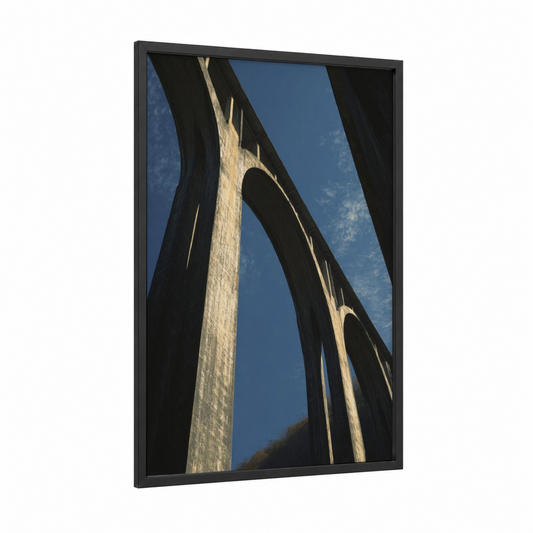 Architectural Viaduct framed bridges print — black wood frame — blue and gray palette