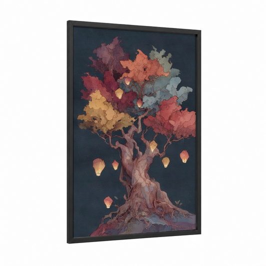 Luminous Baobab framed baobab tree print — black wood frame — gold and maroon palette
