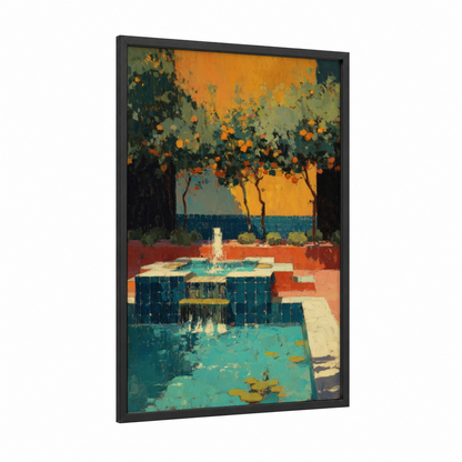 Golden Courtyard Fountain framed fountains print — black wood frame — gold and teal palette