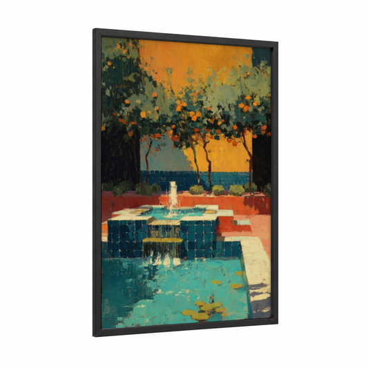 Golden Courtyard Fountain framed fountains print — black wood frame — gold and teal palette