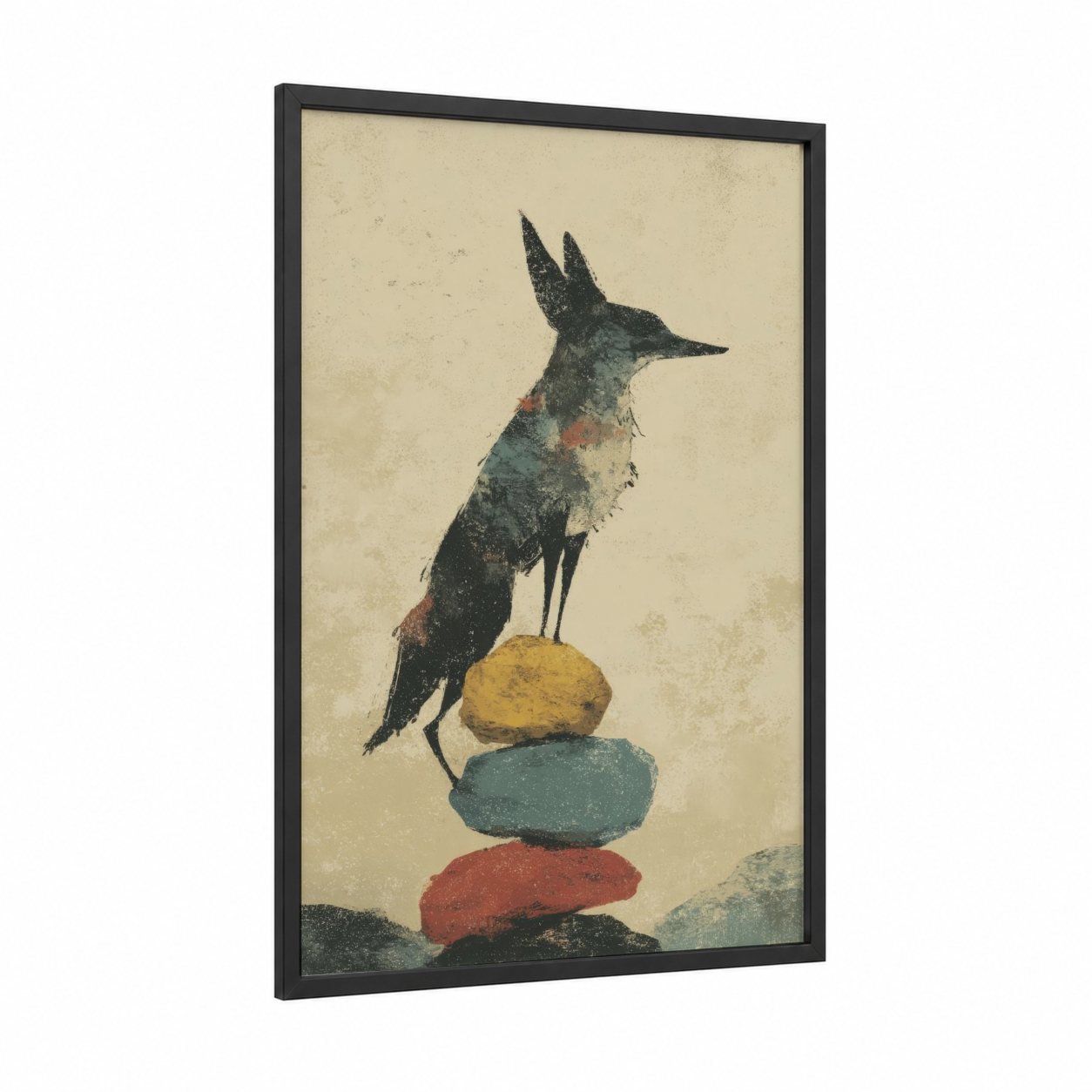 Balancing Coyote framed art print — black wood frame — cream and russet palette