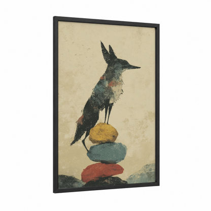 Balancing Coyote framed art print — black wood frame — cream and russet palette