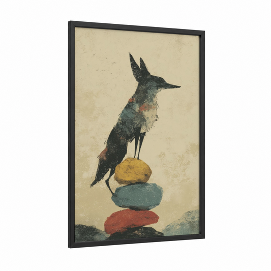 Balancing Coyote framed art print — black wood frame — cream and russet palette