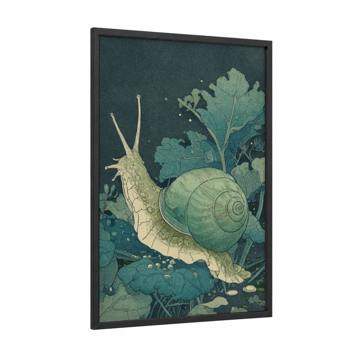Garden Snail framed art print — black wood frame — sage green and cream palette