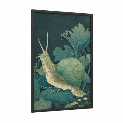 Garden Snail framed art print — black wood frame — sage green and cream palette