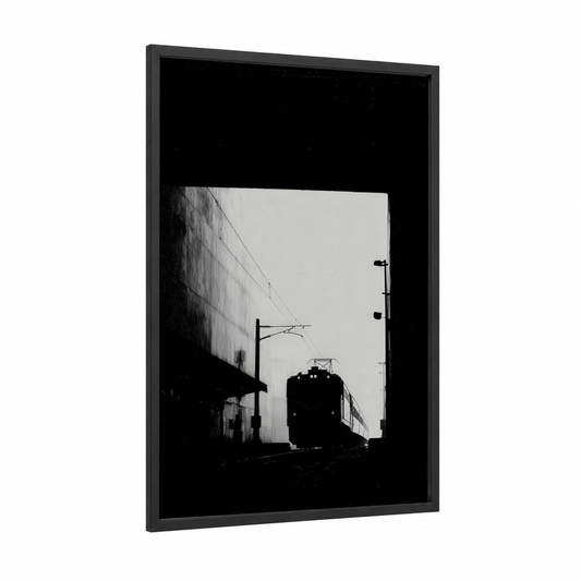 Urban Subway Train framed art print — black wood frame — black and white and gray palette