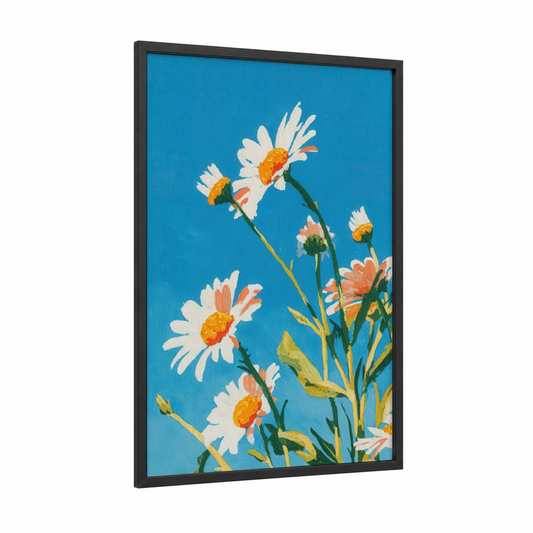 Cheerful Daisy Cluster framed art print — black wood frame — blue and white palette
