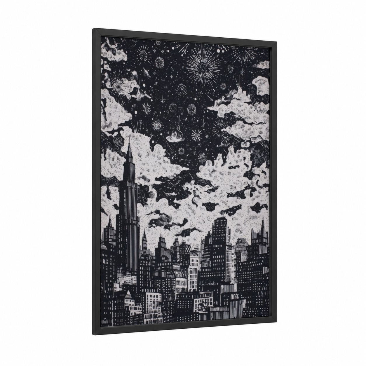 Midnight Cityscape framed new years eve print — black wood frame — black and white palette